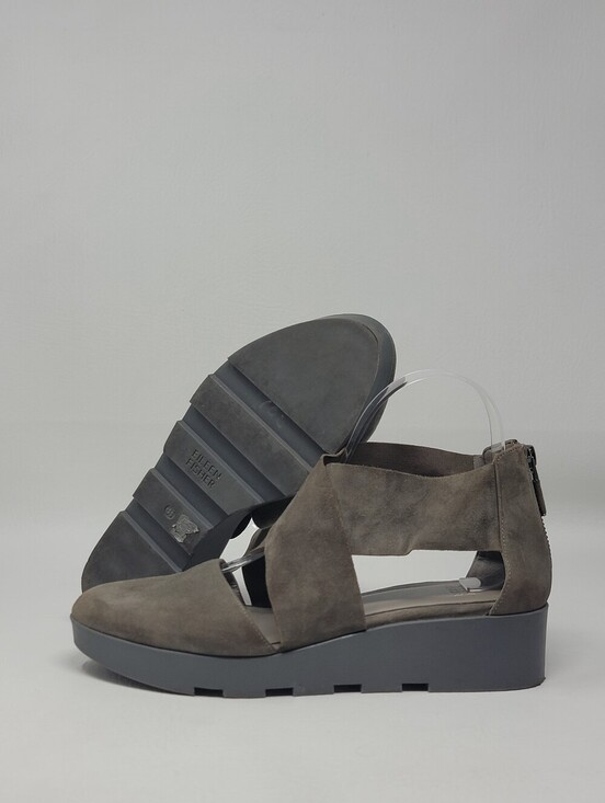 Eileen Fisher Shoes - Eileen Fisher Carver Suede Wedge Sandals Gray Taupe Cutout Zip Womens Size 8.5